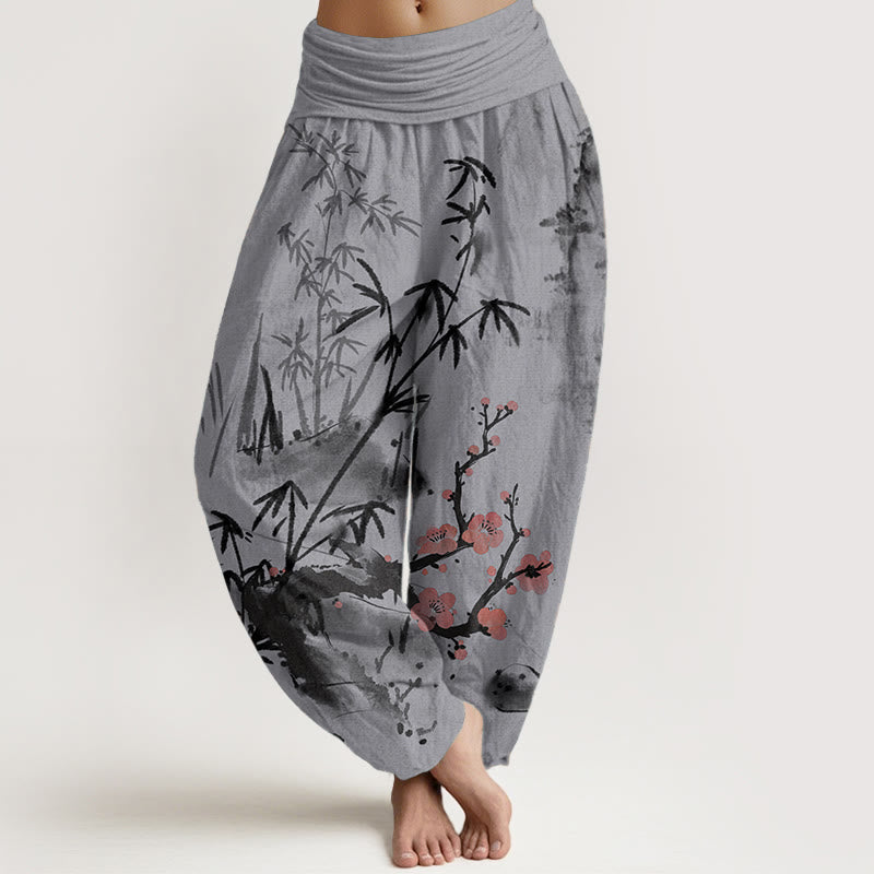 Buddha Stones, reine Baumwolle, Pflaumenblüten, Bambus, Orchideen, Chrysanthemen-Muster, Damen-Haremshose mit elastischer Taille