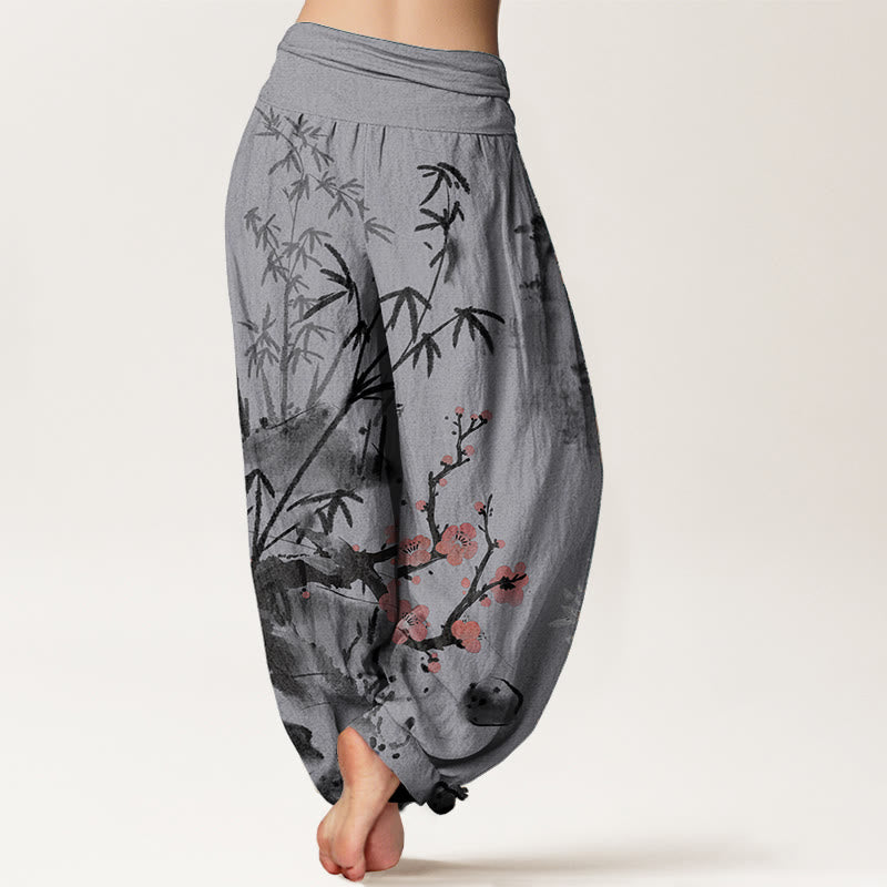 Buddha Stones, reine Baumwolle, Pflaumenblüten, Bambus, Orchideen, Chrysanthemen-Muster, Damen-Haremshose mit elastischer Taille