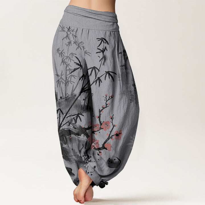 Buddha Stones, reine Baumwolle, Pflaumenblüten, Bambus, Orchideen, Chrysanthemen-Muster, Damen-Haremshose mit elastischer Taille