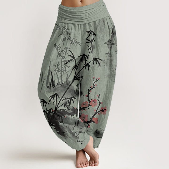 Buddha Stones, reine Baumwolle, Pflaumenblüten, Bambus, Orchideen, Chrysanthemen-Muster, Damen-Haremshose mit elastischer Taille