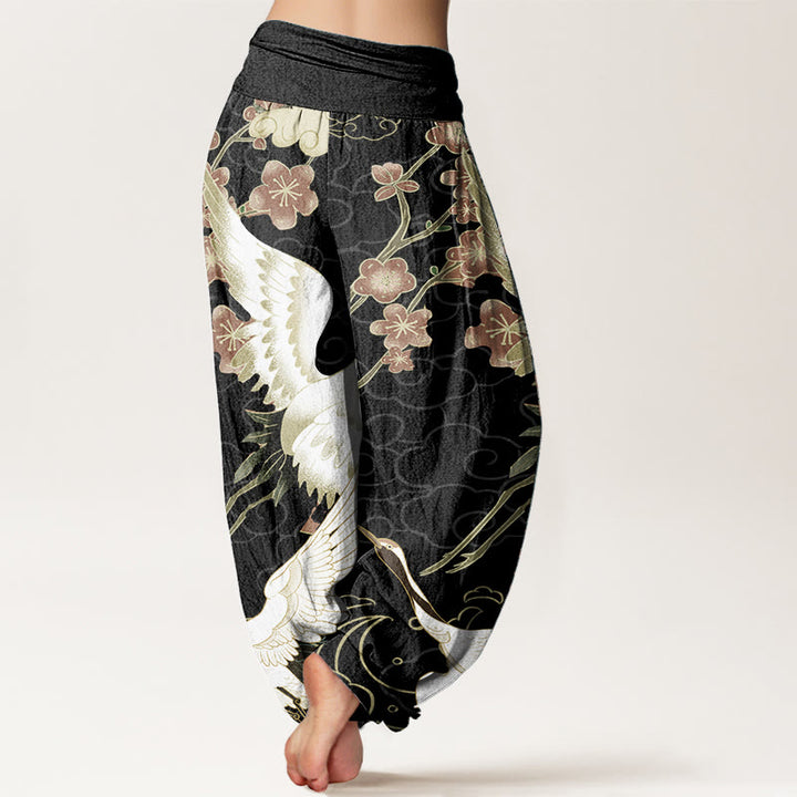 Haremshose für Damen mit elastischer Taille und Buddha Stones aus reiner Baumwolle, Kraniche, Blumen, glückverheißende Wolken