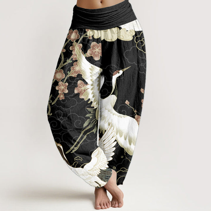 Haremshose für Damen mit elastischer Taille und Buddha Stones aus reiner Baumwolle, Kraniche, Blumen, glückverheißende Wolken