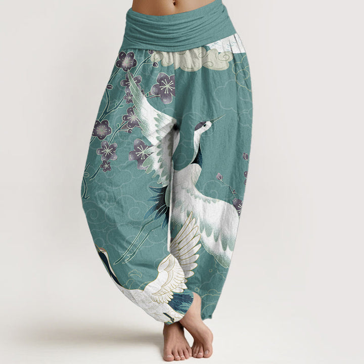 Haremshose für Damen mit elastischer Taille und Buddha Stones aus reiner Baumwolle, Kraniche, Blumen, glückverheißende Wolken