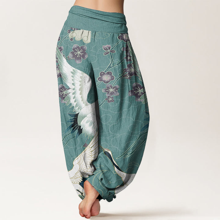 Haremshose für Damen mit elastischer Taille und Buddha Stones aus reiner Baumwolle, Kraniche, Blumen, glückverheißende Wolken