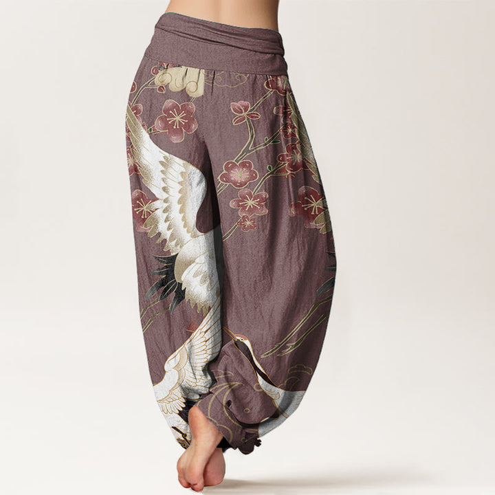 Haremshose für Damen mit elastischer Taille und Buddha Stones aus reiner Baumwolle, Kraniche, Blumen, glückverheißende Wolken
