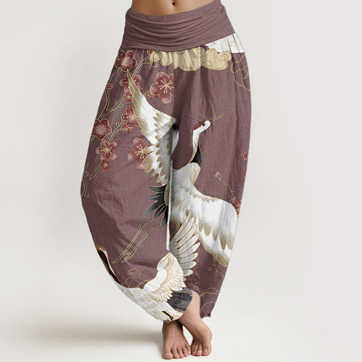 Haremshose für Damen mit elastischer Taille und Buddha Stones aus reiner Baumwolle, Kraniche, Blumen, glückverheißende Wolken