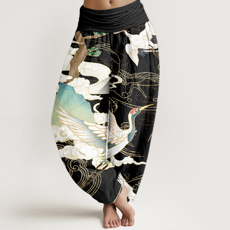 Buddha Stones, reine Baumwolle, fliegende Kraniche, glückverheißende Wolken, Baum, Damen-Haremshose mit elastischer Taille - Schwarz - US22, UK/AU26, EU54 (6XL) - image 0