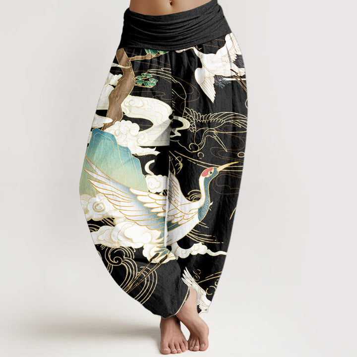 Buddha Stones, reine Baumwolle, fliegende Kraniche, glückverheißende Wolken, Baum, Damen-Haremshose mit elastischer Taille - Schwarz - US22, UK/AU26, EU54 (6XL) - image 0