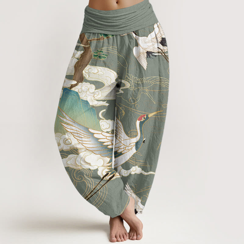 Buddha Stones, reine Baumwolle, fliegende Kraniche, glückverheißende Wolken, Baum, Damen-Haremshose mit elastischer Taille - Dunkelseegrün - US22, UK/AU26, EU54 (6XL) - image 5