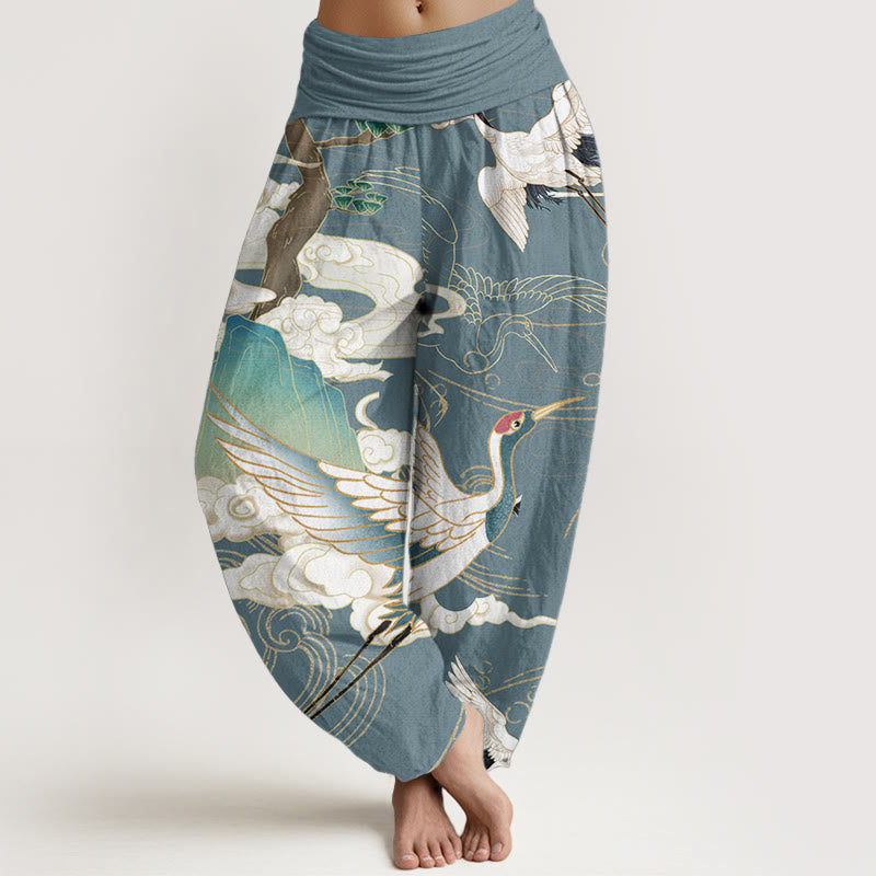 Buddha Stones, reine Baumwolle, fliegende Kraniche, glückverheißende Wolken, Baum, Damen-Haremshose mit elastischer Taille - Hellblau - US22, UK/AU26, EU54 (6XL) - image 8