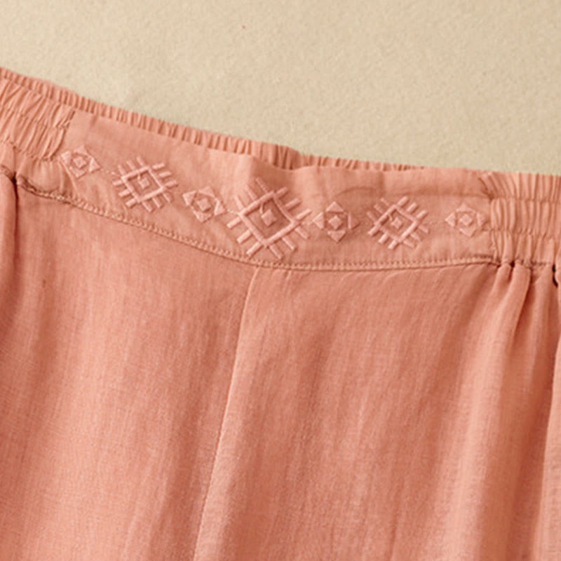 Buddha Stones Geometrische Stickerei Elastische Taille Damenhose aus Baumwolle und Leinen mit weitem Bein und Taschen - image 2