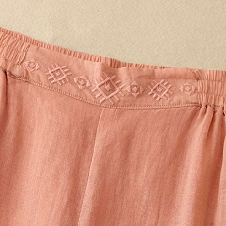 Buddha Stones Geometrische Stickerei Elastische Taille Damenhose aus Baumwolle und Leinen mit weitem Bein und Taschen - image 2