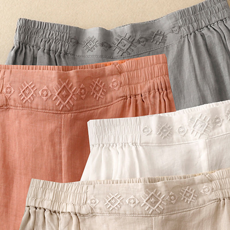 Buddha Stones Geometrische Stickerei Elastische Taille Damenhose aus Baumwolle und Leinen mit weitem Bein und Taschen - image 26