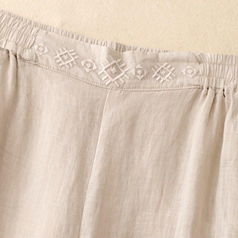 Buddha Stones Geometrische Stickerei Elastische Taille Damenhose aus Baumwolle und Leinen mit weitem Bein und Taschen - image 13