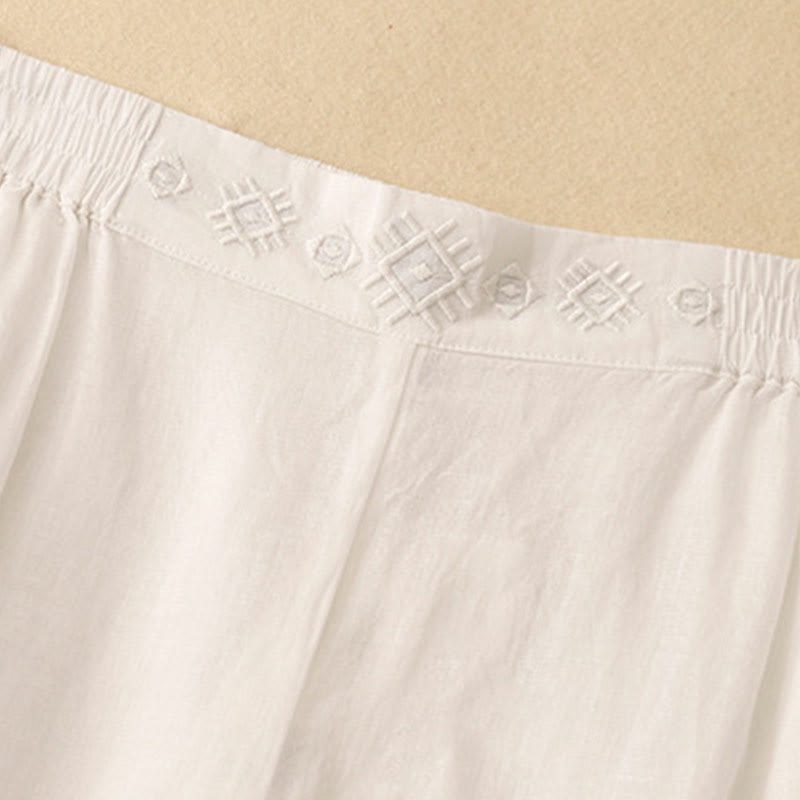 Buddha Stones Geometrische Stickerei Elastische Taille Damenhose aus Baumwolle und Leinen mit weitem Bein und Taschen - image 21
