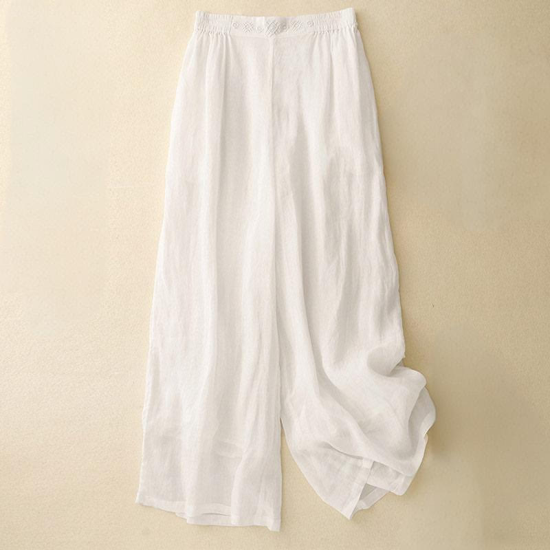 Buddha Stones Geometrische Stickerei Elastische Taille Damenhose aus Baumwolle und Leinen mit weitem Bein und Taschen - Weiß - US8-10， UK/AU12-14，EU40-42 (2XL) - image 20