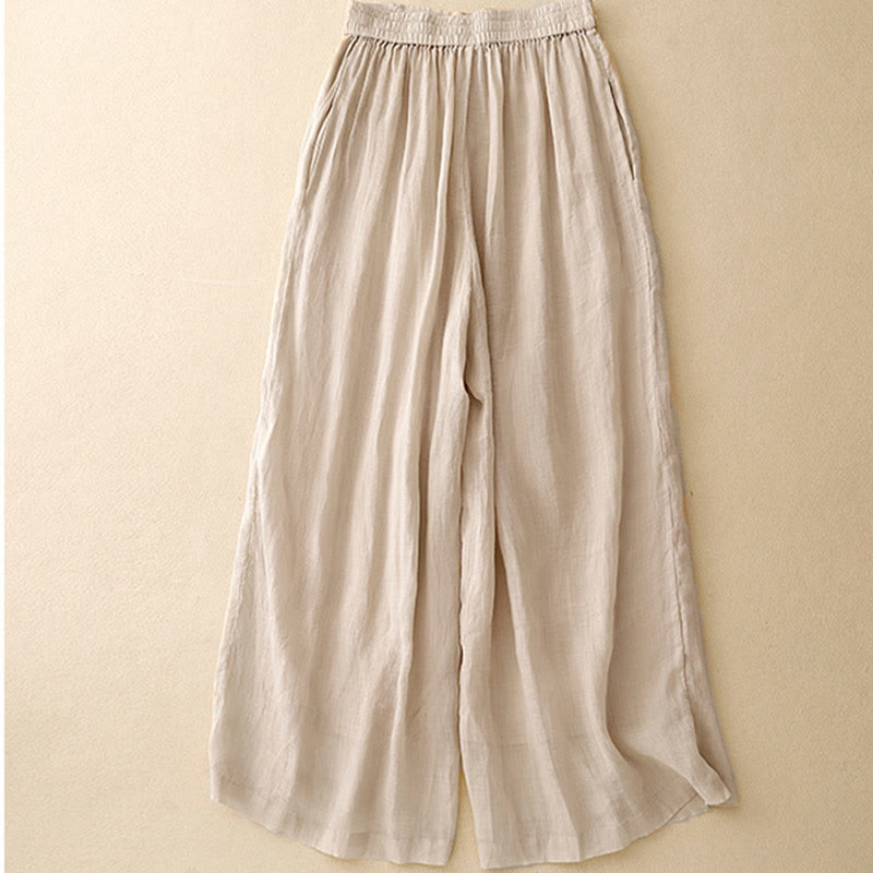 Buddha Stones Geometrische Stickerei Elastische Taille Damenhose aus Baumwolle und Leinen mit weitem Bein und Taschen - image 12