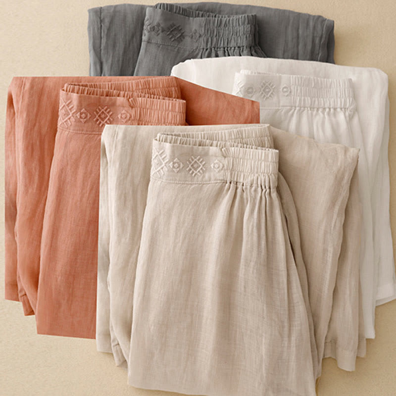 Buddha Stones Geometrische Stickerei Elastische Taille Damenhose aus Baumwolle und Leinen mit weitem Bein und Taschen - image 1