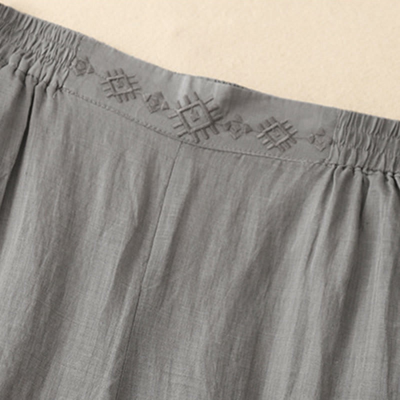 Buddha Stones Geometrische Stickerei Elastische Taille Damenhose aus Baumwolle und Leinen mit weitem Bein und Taschen - image 7
