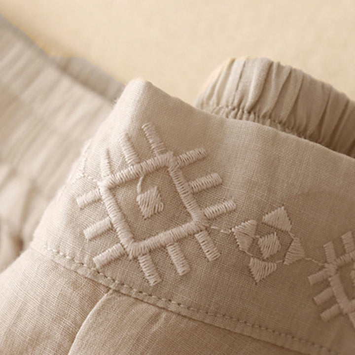 Buddha Stones Geometrische Stickerei Elastische Taille Damenhose aus Baumwolle und Leinen mit weitem Bein und Taschen - image 15