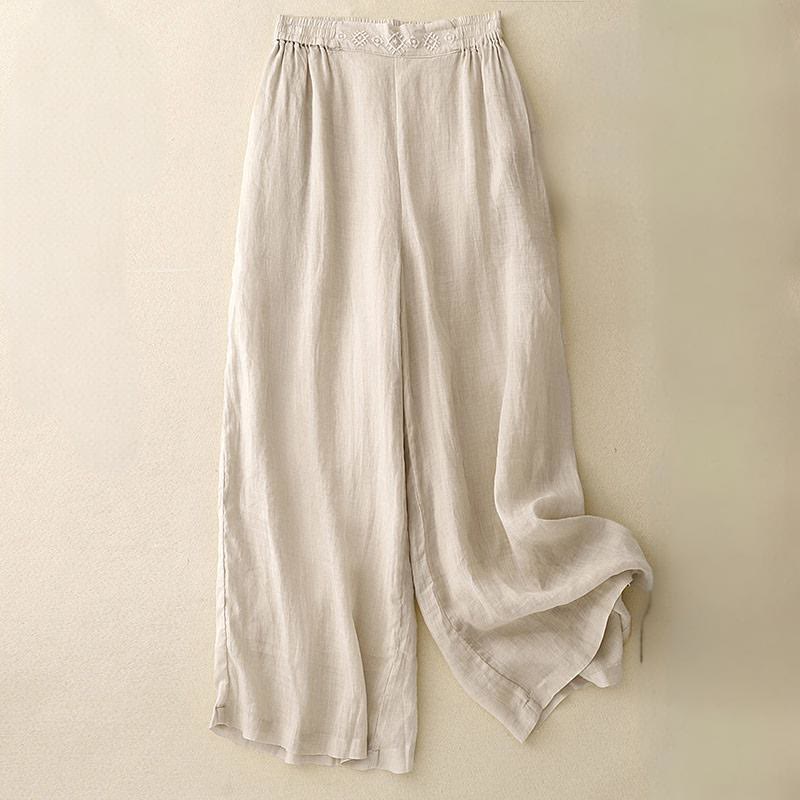 Buddha Stones Geometrische Stickerei Elastische Taille Damenhose aus Baumwolle und Leinen mit weitem Bein und Taschen - Beige - US 8-10, UK/AU 12-14, EU 40-42 (2XL) - image 11