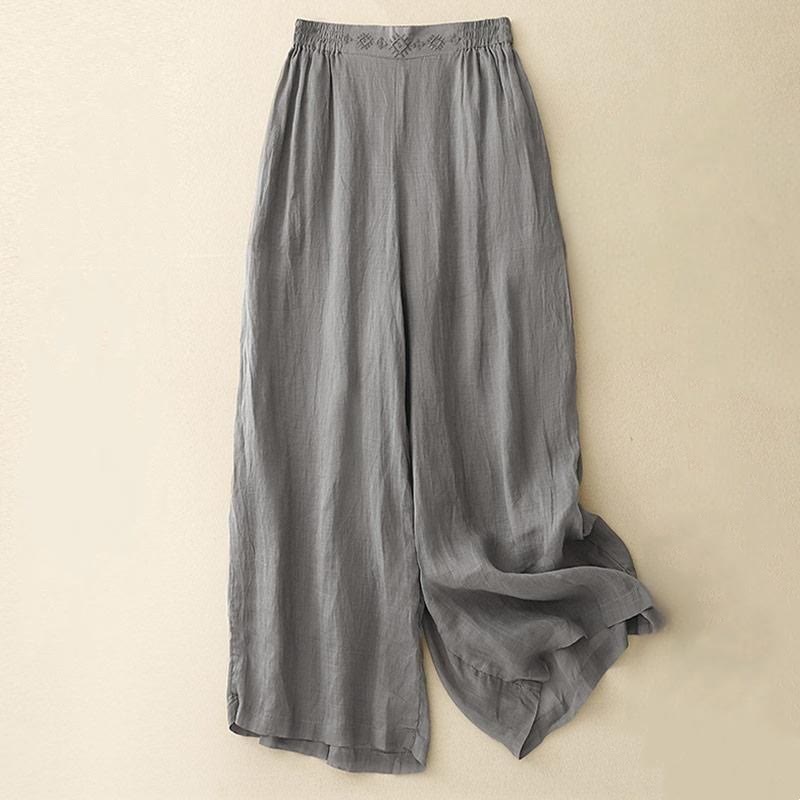 Buddha Stones Geometrische Stickerei Elastische Taille Damenhose aus Baumwolle und Leinen mit weitem Bein und Taschen - Grau - US 8-10, UK/AU 12-14, EU 40-42 (2XL) - image 6
