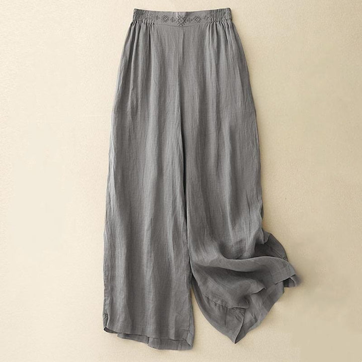 Buddha Stones Geometrische Stickerei Elastische Taille Damenhose aus Baumwolle und Leinen mit weitem Bein und Taschen - Grau - US 8-10, UK/AU 12-14, EU 40-42 (2XL) - image 6