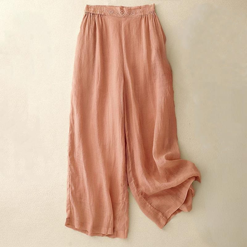 Buddha Stones Geometrische Stickerei Elastische Taille Damenhose aus Baumwolle und Leinen mit weitem Bein und Taschen - Helllachs - US 8-10, UK/AU 12-14, EU 40-42 (2XL) - image 0
