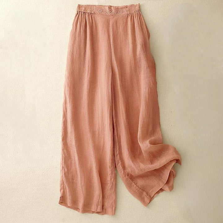 Buddha Stones Geometrische Stickerei Elastische Taille Damenhose aus Baumwolle und Leinen mit weitem Bein und Taschen - Helllachs - US 8-10, UK/AU 12-14, EU 40-42 (2XL) - image 0