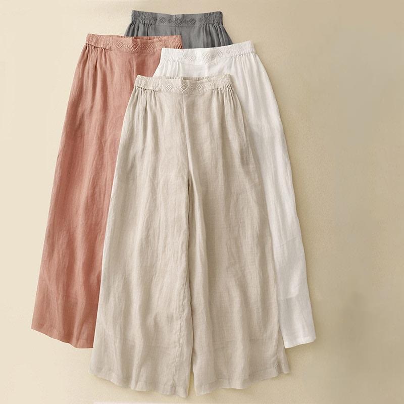 Buddha Stones Geometrische Stickerei Elastische Taille Damenhose aus Baumwolle und Leinen mit weitem Bein und Taschen - image 25