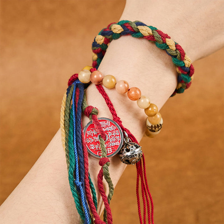 Buddha Stones Tibetische Berggeister geben Geld aus Buntes Chalcedon Doppellagiges positives Armband mit farbiger Seilquaste