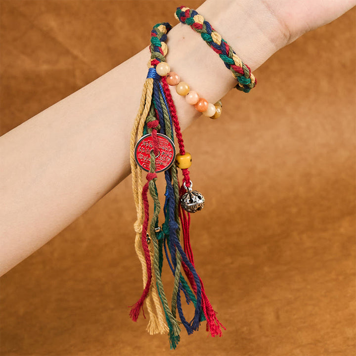 Buddha Stones Tibetische Berggeister geben Geld aus Buntes Chalcedon Doppellagiges positives Armband mit farbiger Seilquaste