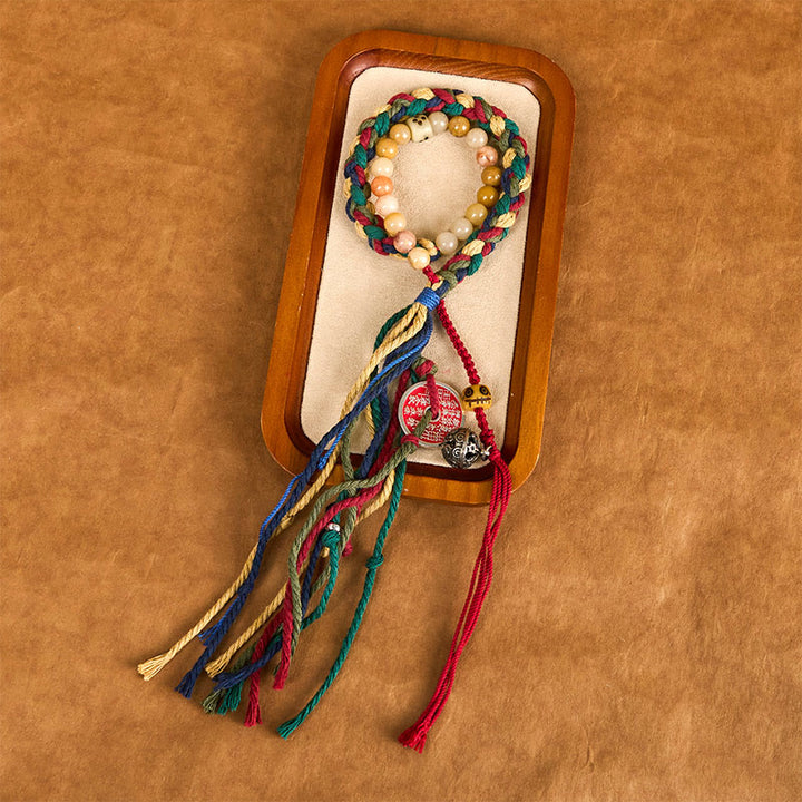 Buddha Stones Tibetische Berggeister geben Geld aus Buntes Chalcedon Doppellagiges positives Armband mit farbiger Seilquaste