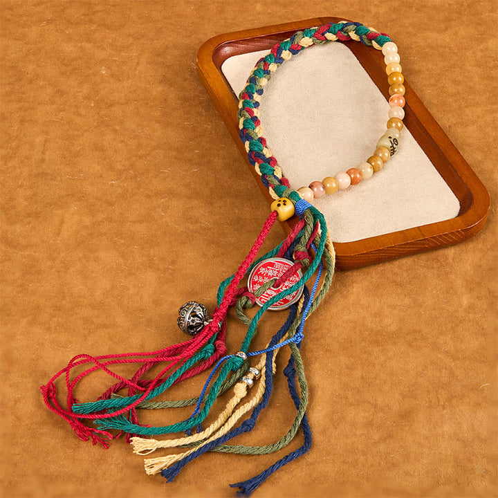 Buddha Stones Tibetische Berggeister geben Geld aus Buntes Chalcedon Doppellagiges positives Armband mit farbiger Seilquaste
