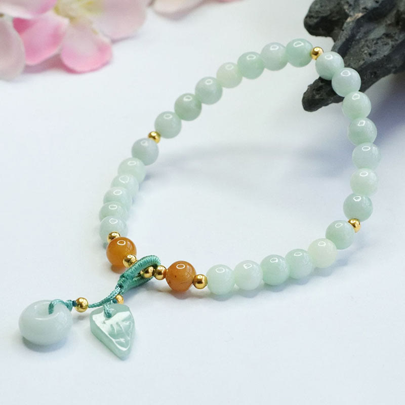 Armband mit Buddha Stones und Jadeperlen, Blatt-Friedensschnalle, Wohlstandsarmband