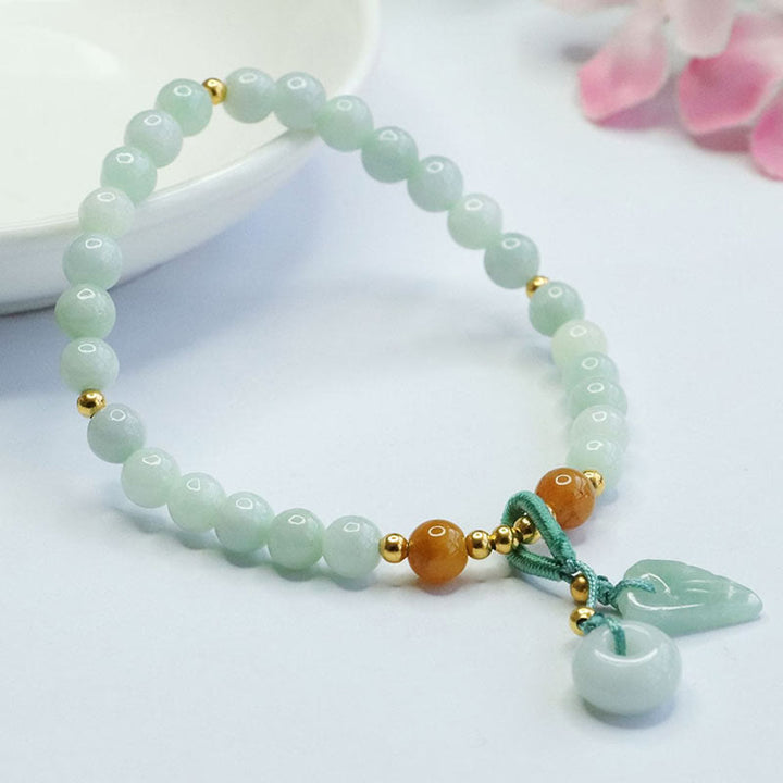 Armband mit Buddha Stones und Jadeperlen, Blatt-Friedensschnalle, Wohlstandsarmband