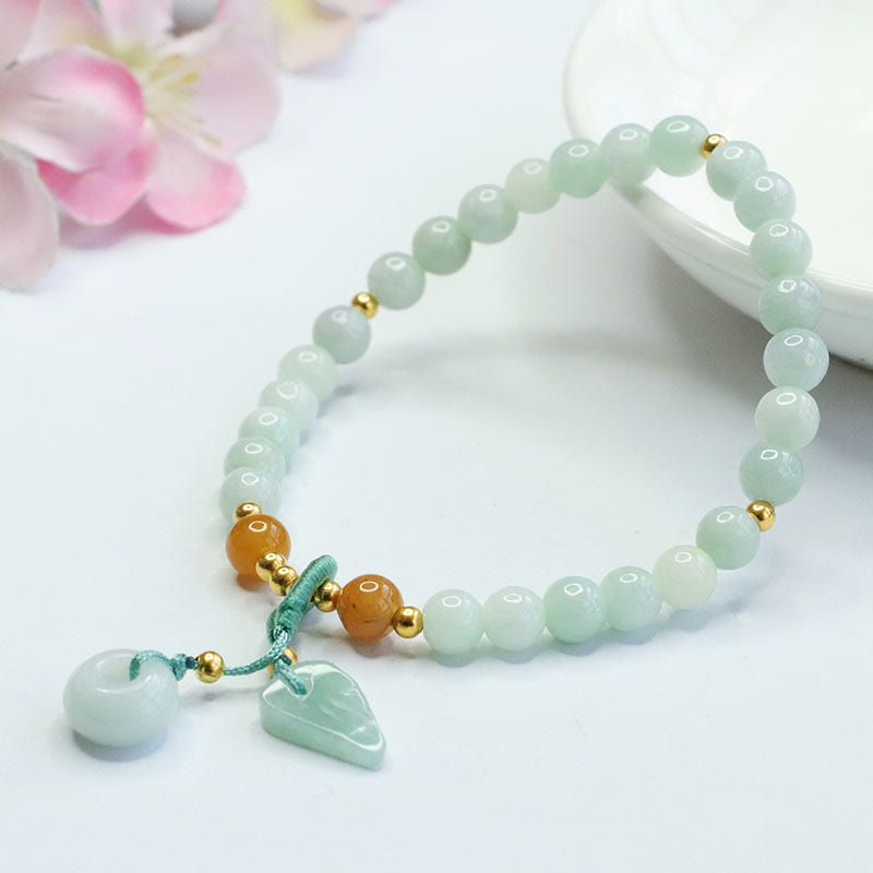 Armband mit Buddha Stones und Jadeperlen, Blatt-Friedensschnalle, Wohlstandsarmband