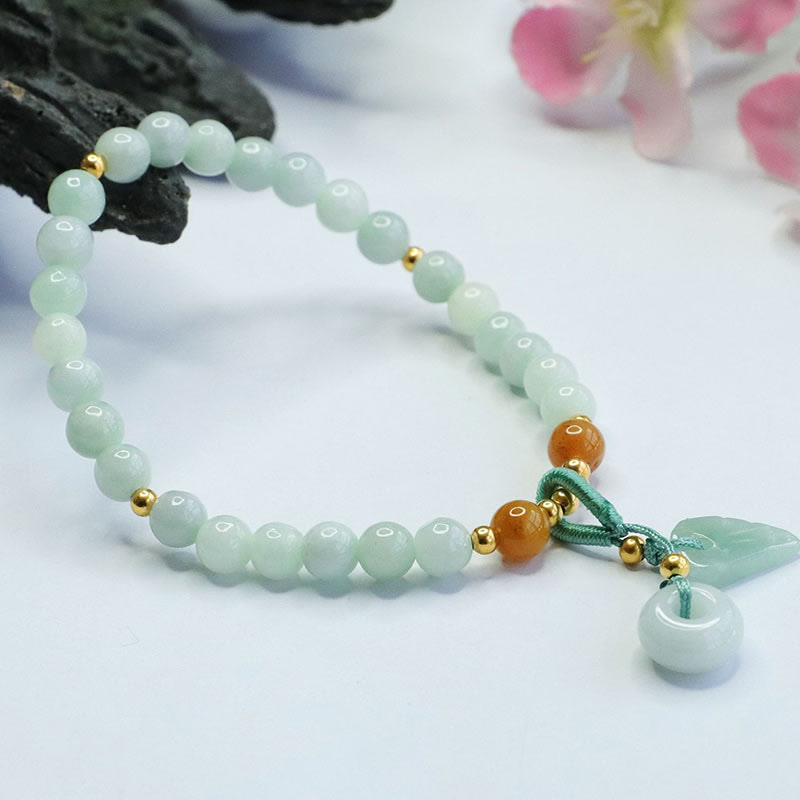 Armband mit Buddha Stones und Jadeperlen, Blatt-Friedensschnalle, Wohlstandsarmband