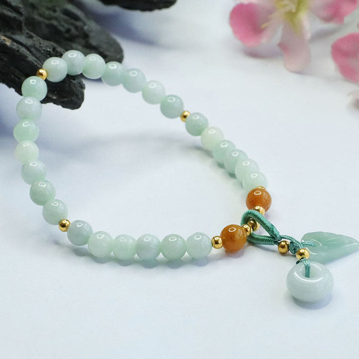 Armband mit Buddha Stones und Jadeperlen, Blatt-Friedensschnalle, Wohlstandsarmband