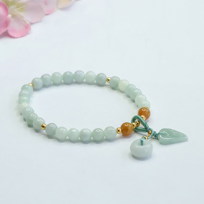 Armband mit Buddha Stones und Jadeperlen, Blatt-Friedensschnalle, Wohlstandsarmband