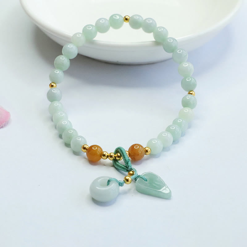 Armband mit Buddha Stones und Jadeperlen, Blatt-Friedensschnalle, Wohlstandsarmband