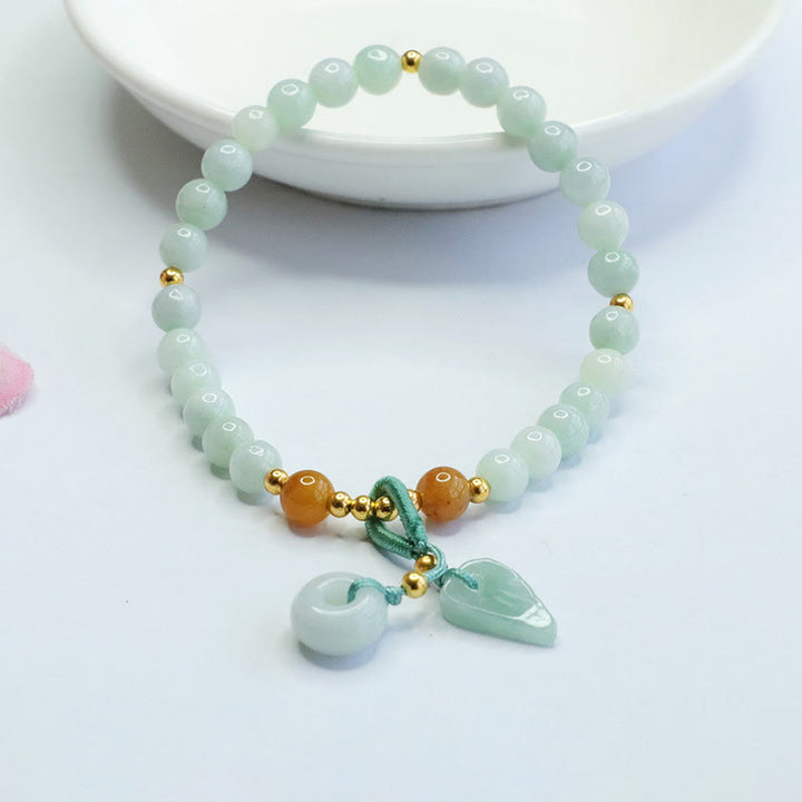 Armband mit Buddha Stones und Jadeperlen, Blatt-Friedensschnalle, Wohlstandsarmband