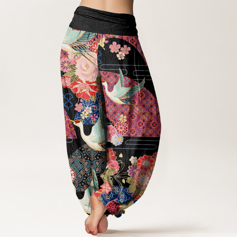 Buddha Stones Kranich Blumenmuster Damen Haremshose mit elastischer Taille - image 2