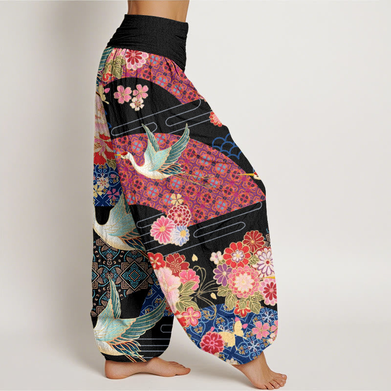 Buddha Stones Kranich Blumenmuster Damen Haremshose mit elastischer Taille - image 3