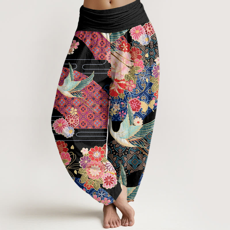 Buddha Stones Kranich Blumenmuster Damen Haremshose mit elastischer Taille - Schwarz - US22， UK/AU26，EU54 (6XL) - image 1
