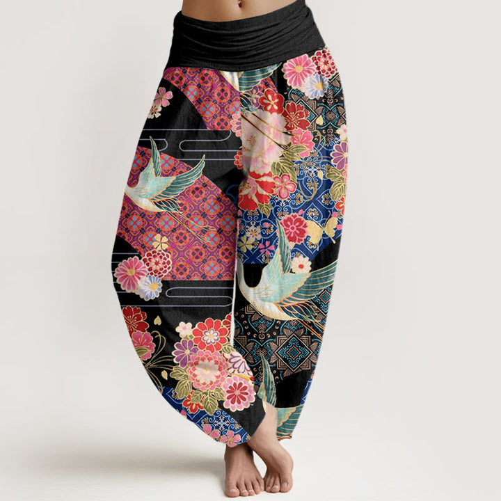 Buddha Stones Kranich Blumenmuster Damen Haremshose mit elastischer Taille - Schwarz - US22， UK/AU26，EU54 (6XL) - image 1