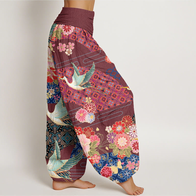 Buddha Stones Kranich Blumenmuster Damen Haremshose mit elastischer Taille - image 7