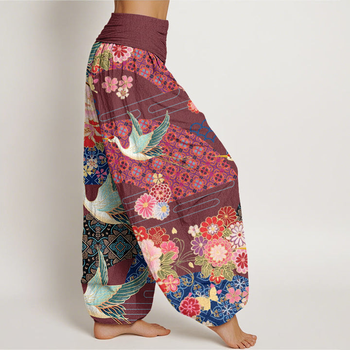 Buddha Stones Kranich Blumenmuster Damen Haremshose mit elastischer Taille - image 7