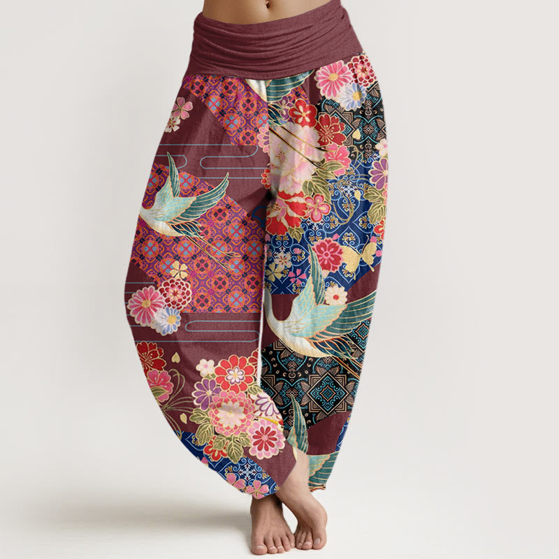Buddha Stones Kranich Blumenmuster Damen Haremshose mit elastischer Taille - Braun - US22， UK/AU26，EU54 (6XL) - image 5