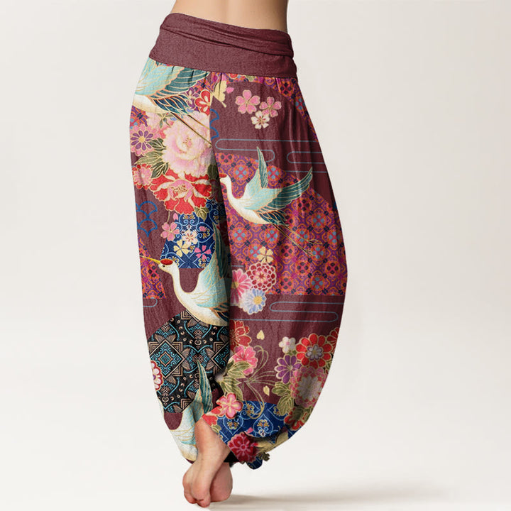 Buddha Stones Kranich Blumenmuster Damen Haremshose mit elastischer Taille - image 6